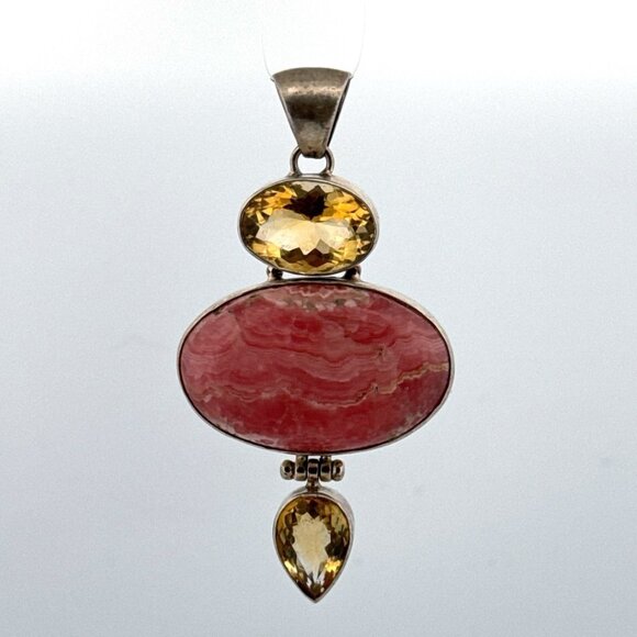 Estate Sterling Silver 925 Pendant Rhodochrosite Citrine Gemstones 35.2g - Picture 1 of 8